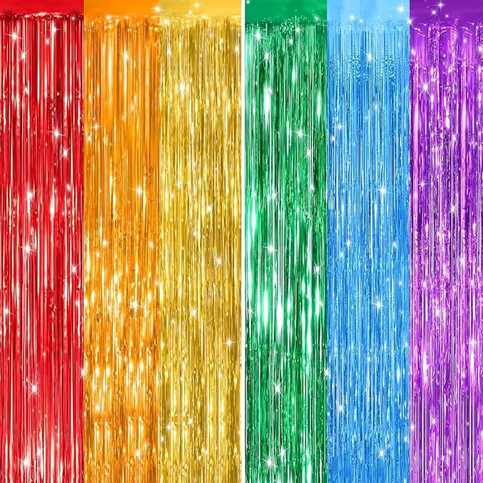 Valentines Day 2 Pack 3.3 * 8.3 ft Foil Curtain Metallic Tinsel Fringe Curtains Photo Booth Props Backdrop for Birthday Wedding Engagement Baby Shower Christmas Holiday Celebration Party，Rainbow
