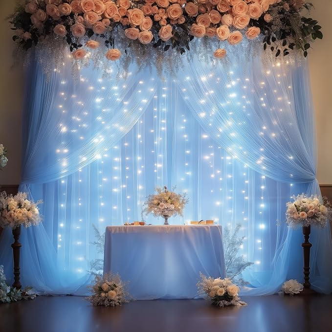 10x10FT Blue Wrinkle Free Backdrop Curtains with Lights String for Parties - Photo Curtain Backdrop with Lights for Wedding Decorations, Bridal Baby Shower Birthday Party Photography Background
