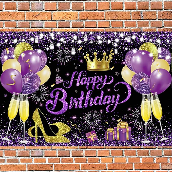 YinQin 180x120 cm Glitter Purple Golden Happy Birthday Party Backdrops Cloth 71x47 inch Photography Bday Backgrounds Black Purple Gold Happy Birthday Sign Banner Decorations for Girl Women