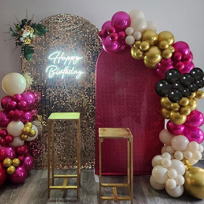 Graduation Balloon Arch Garland Kit, Double Stuffed Metallic Hot Pink and Gold Black White Sand Fuchsia Latex Party Balloons for Girls Women Birthday Wedding Baby Shower Party Decorations
