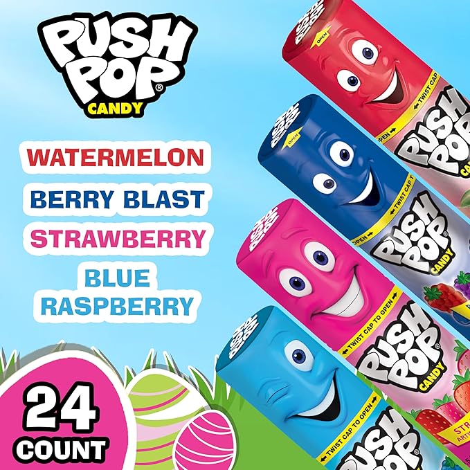 Push Pop Easter Candy Variety Pack, 24Ct Bulk Individually Wrapped Lollipops in Assorted Flavors, Full Size, Fun Hard Candy For Birthday Parties, Easter Basket Stuffers, Egg Fillers, Party Favors