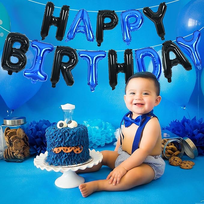 TONIFUL Happy Birthday Balloons Banner with Ribbon Straw, 16 Inch Mylar Letters Birthday Sign Banner Balloon Bunting Reusable for Girls Boys Kids & Adults Birthday Halloween Supplies（Black Blue）