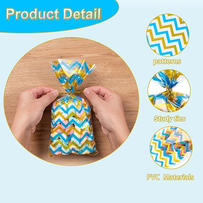 Aegero 120 Pack Blue/Gold (wave dots/ wave stripes /diagonal stripes/Star Printed)Cellophane Treat Bags,10.63 x 5.12 Inch Plastic Candy Goodies Bags with 140 Pcs Twists for Valentine,Birthday,Bakery,Wedding,Gift Cookie Snack Packing,Party Favor Supplies