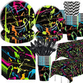 Neon Party Supplies Tableware - Glow Party Decorations Include Plate, Cup, Napkin, Tablecloth, Cutlery, Straw - Graffiti Theme Birthday Baby Shower Decorations | Serve 24