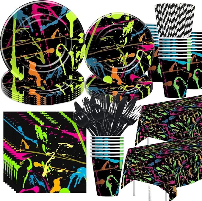 Neon Party Supplies Tableware - Glow Party Decorations Include Plate, Cup, Napkin, Tablecloth, Cutlery, Straw - Graffiti Theme Birthday Baby Shower Decorations | Serve 24