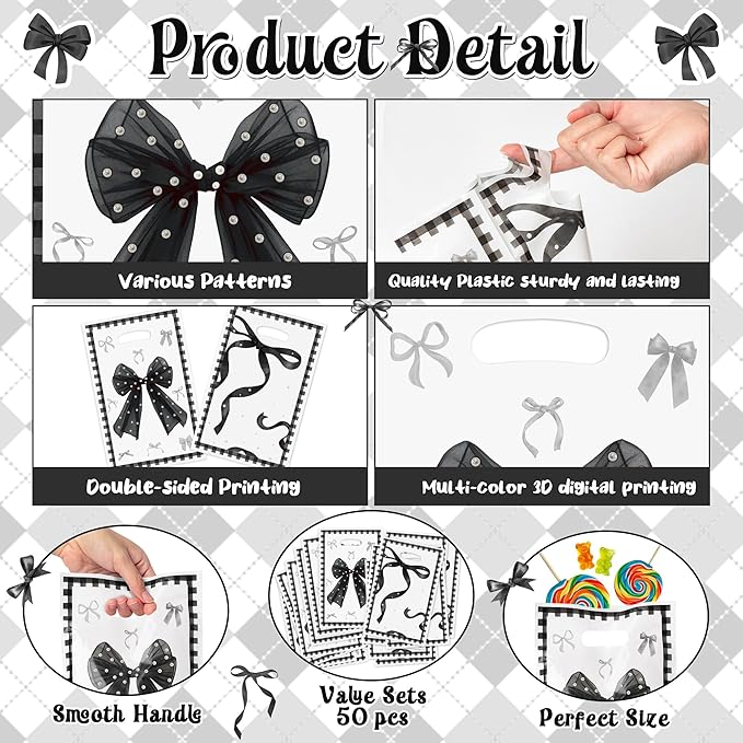 Black Bow Party Favor Bags - 50Pcs Black Bow Knot Goody Candy Treat Gifts Bags, Trendy Preppy Girls Theme Party Decorations for Women Girls Birthday Wedding Bridal Shower Bachelorette