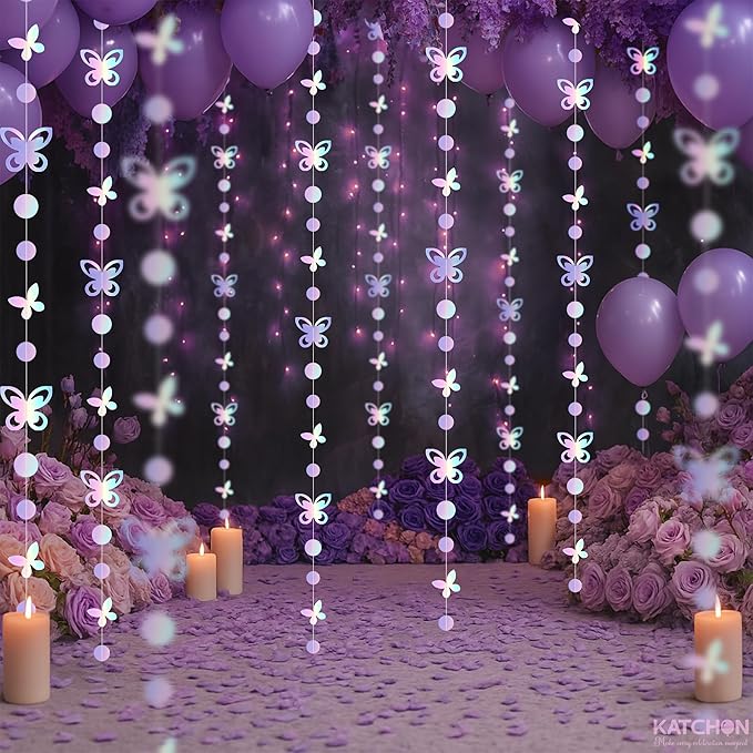 KatchOn Iridescent Butterfly Garland - Pack of 6, | Pre-Strung Butterfly Wall Decor & Birthday Banner for Girls | Iridescent Backdrop for Bachelorette Party | Butterfly Birthday Decorations for Women
