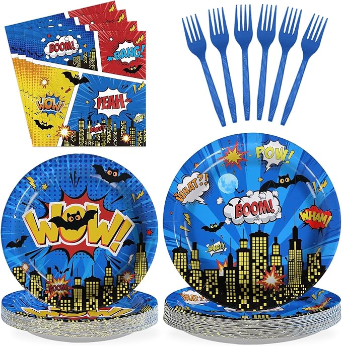 Grencian 96Pcs Super Theme Hero Birthday Party Decoration Hero's Action Sign Cityscape Plates and Napkins Blue Comic Hero Tableware Sets for Boys Baby Shower Cartoon Spider Party Favors Serve 24