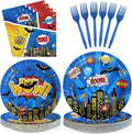 Grencian 96Pcs Super Theme Hero Birthday Party Decoration Hero's Action Sign Cityscape Plates and Napkins Blue Comic Hero Tableware Sets for Boys Baby Shower Cartoon Spider Party Favors Serve 24