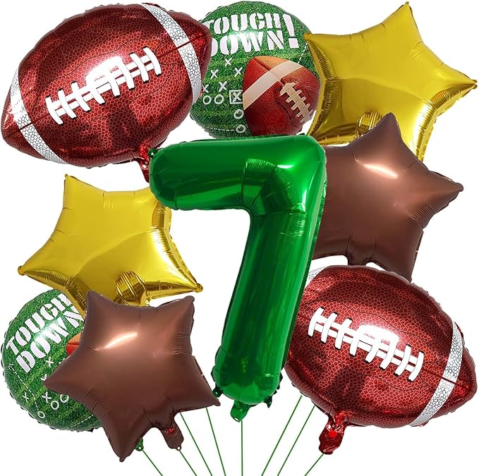 Football Balloons Foil Football Birthday Decorations Balloons Green Number 7 Balloon Gold Brown Star Touchdown Ballons for Rugby Birthday Decorations Sports Ballons Arch Kits Party Balloon Sets 9pcs