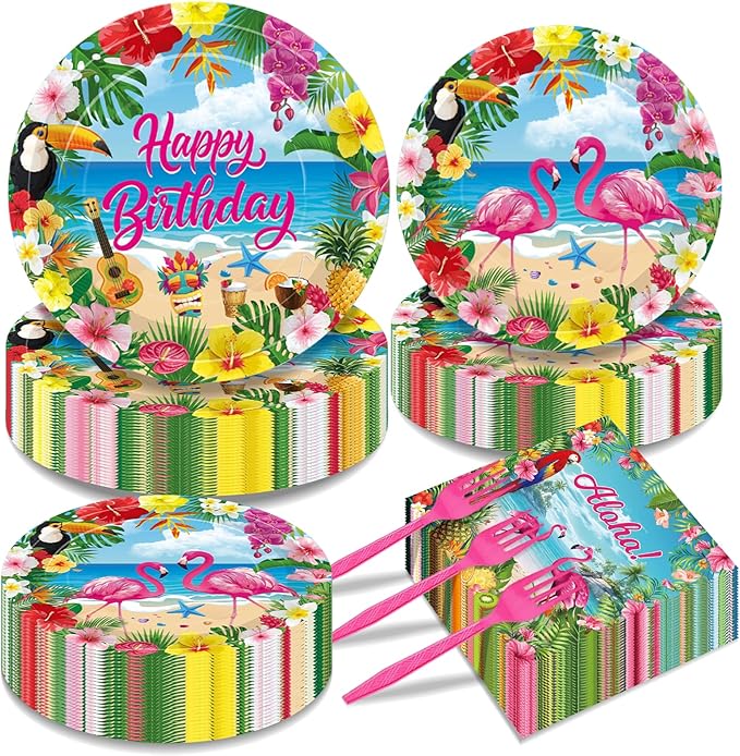 100 Pcs Tropical Aloha Flamingo Birthday Party Supplies Set - Serves 25, Hawaiian Luau Disposable Tableware, Includes Paper Plates, Napkins, Forks for Summer Beach Birthday Pool Decorations