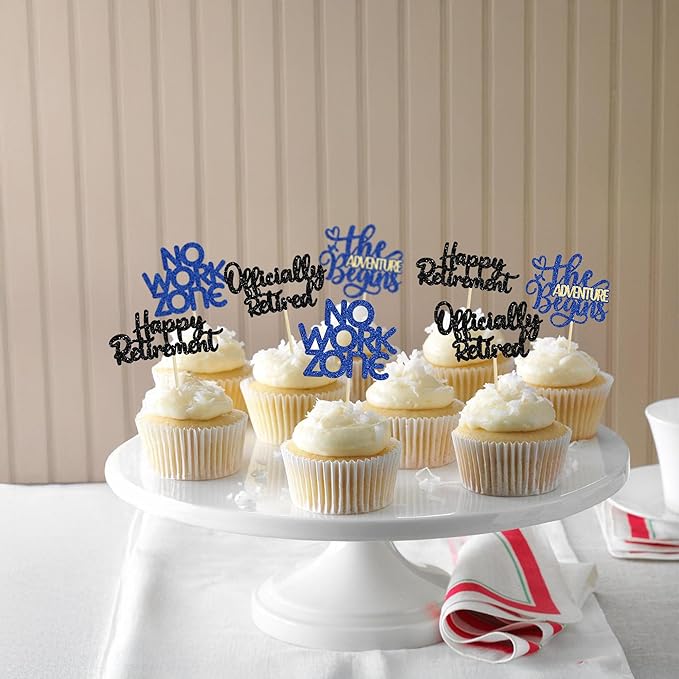 24Pcs Happy Retirement Cupcake Toppers Officially Retired Cake Toppers No Work Zone Adventure Begins Cupcake Picks Retirement Theme Farewell Birthday Party Decorations Supplies Black Blue