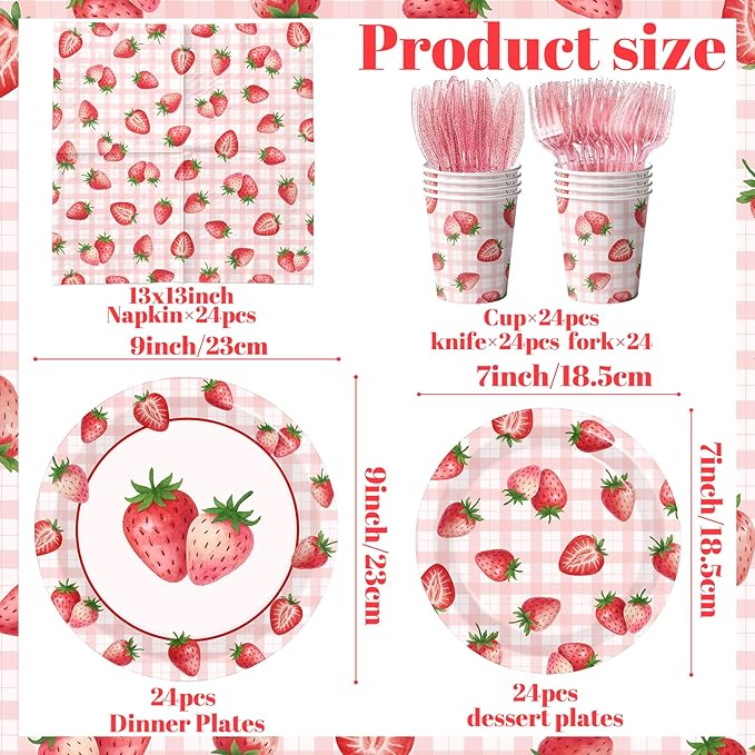 Strawberry Birthday Decorations,144Pcs Strawberry Party Plates,Napkins,Cups Strawberry Party Supplies Summer Fruit Tableware Set for Girls Baby Shower,Berry First Birthday Decor