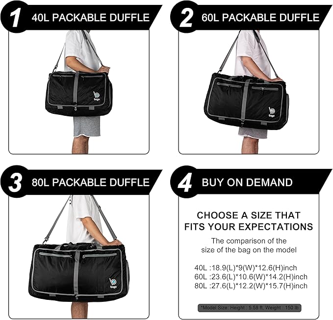 Bago Compact Duffle Bag for Travel Women & Men. Durable Lightweight Foldable Travel Duffel Bags For Traveling Women. 40L Duffle Bags a Reliable Weekender duffel or Overnight Bag With Shoe Compartment