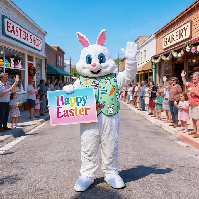 Easter Bunny Mascot Costume Blue Vest Unisex Deluxe Rabbit Costume Party Adult Size Fancy Dress