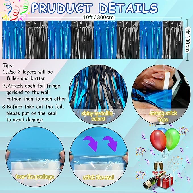 4 Packs Total 39 Ft Graduation Parade Floats for Trailer Car, Black Royal Blue Foil Fringe Garland Tinsel Streamers Banner Table Skirts for Graduation Homecoming Birthday Party(Black Blue)