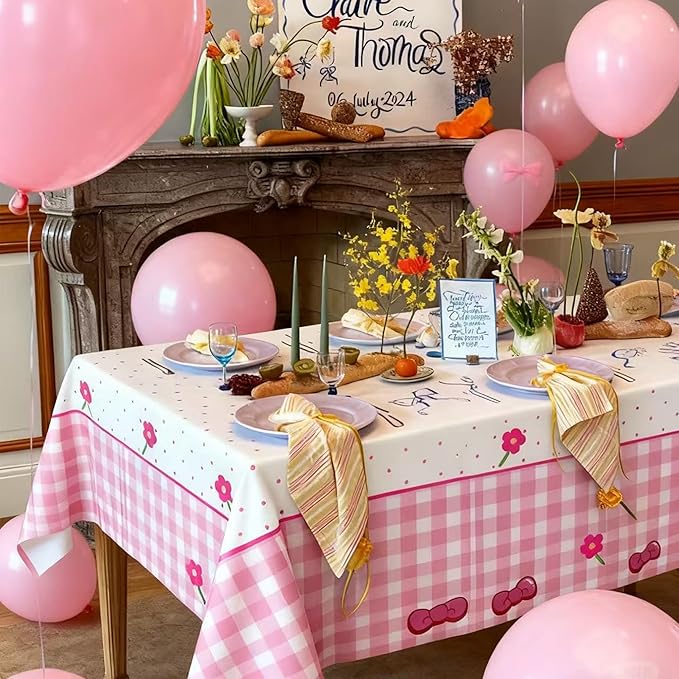 Pink Bow Flower Tablecloth 2 Packs, Pink White Gingham Cute Plastic Tablecloths Disposable Birthday Party Decoration, 54" x 108" Waterproof Tablecloth for Girls Birthday Princess Party Supplies