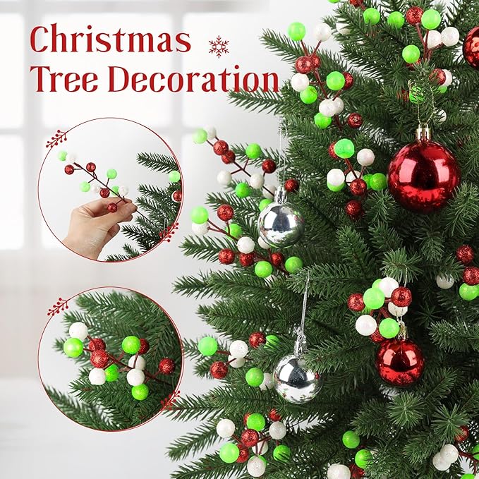 HOHOTIME 24 Pack Artificial Berry Stems Branches, Christmas Faux Red Fluorescent Green White Holly Colorful Berries Branch Ornaments for Christmas Tree Wreath DIY Craft Decorations Holiday Home Decor