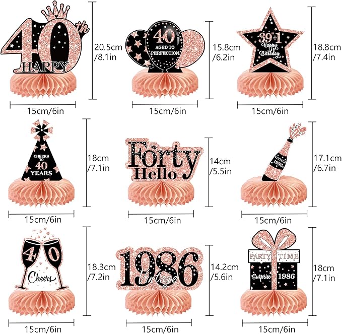 9Pcs 40th Birthday Decorations Honeycomb Centerpieces for Women, Rose Gold Pink Happy 40th Birthday Centerpieces Tables Toppers Party Decorations Supplies, Vintage 1986 Aged Table Sign Decor
