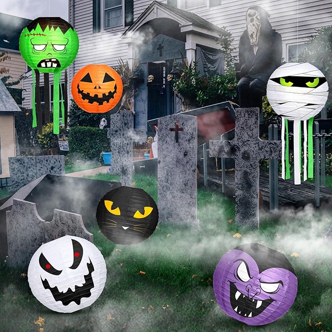 VIHOSE 12 Pcs Halloween Hanging Decorations Paper Lanterns, Jack-o-Bat Lanterns with Tassels Halloween Lantern Decorative for Indoor Outdoor Party Trick-or-Treat Event Supplies