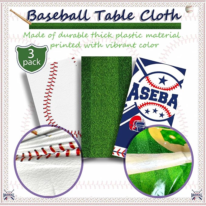 OQOQ Baseball Party Decorations Tablecloth(3 Packs), 108x54 Inches Baseball Birthday Decorations Table Cloth Disposable Plastic Table Cover for Major League Fall League Sport Party Supplies