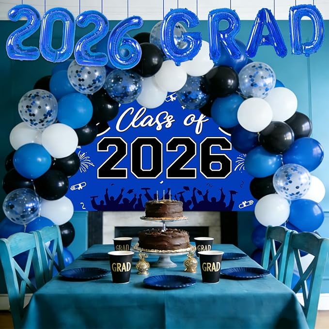 Graduation Decorations Class of 2026-123pcs Blue Black Graduation Party Decorations include Balloon Boxes with Letters, Balloon Arch Kit and Backdrop for 2026 Grad Party Supplies