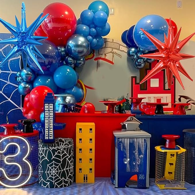 Red Blue Silver Balloon Arch Garland Kit, Red Royal Blue Latex Balloons 4D Ball Explosion Star Foil Balloons for Boys Baby Shower Party Graduation 4th of July Baseball Birthday Party Decor