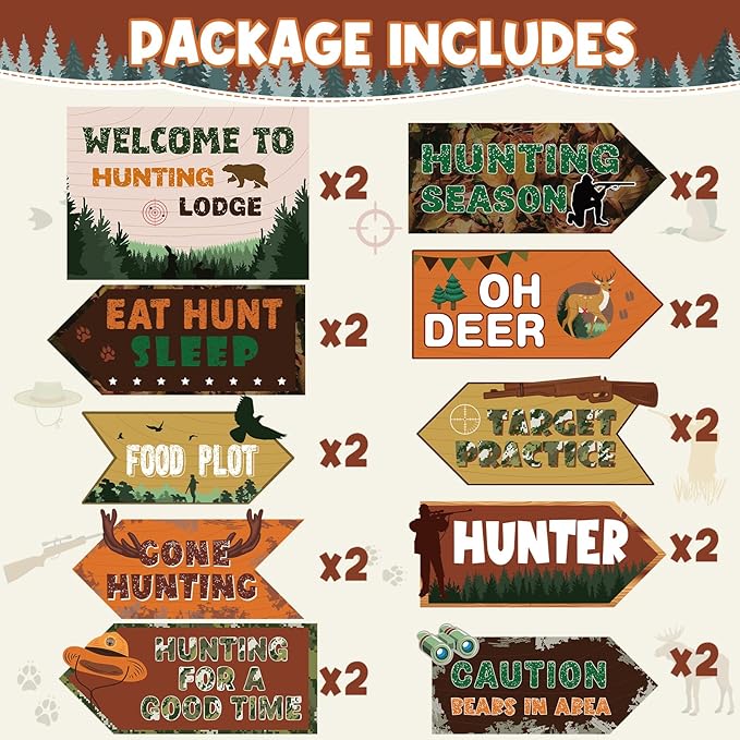 Hooqict 20 Pieces Hunting Party Decorations Hunting Themed Party Directional Signs for Camo Deer Birthday Party Decorations Welcome to Camouflage Party Supplies for Boys Men