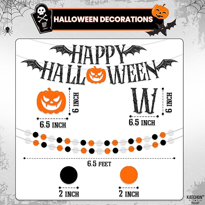 KatchOn, Hanging Halloween Decorations Set - Pack of 17 | Glittery Happy Halloween Banner, Garlands, Ghost Hanging Swirls, Orange Pumpkin, Paper Fan, Spooky | Halloween Decor Hanging Swirls