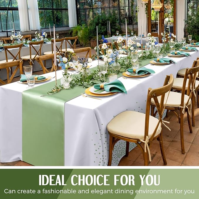 Breling 8 Pack White and Sage Green Disposable Plastic Tablecloths and Satin Table Runner Set, 54 x 108 Inch Tablecloth, 12 x 108 Inch Table Runners for Wedding Graduation Birthday Baby Shower