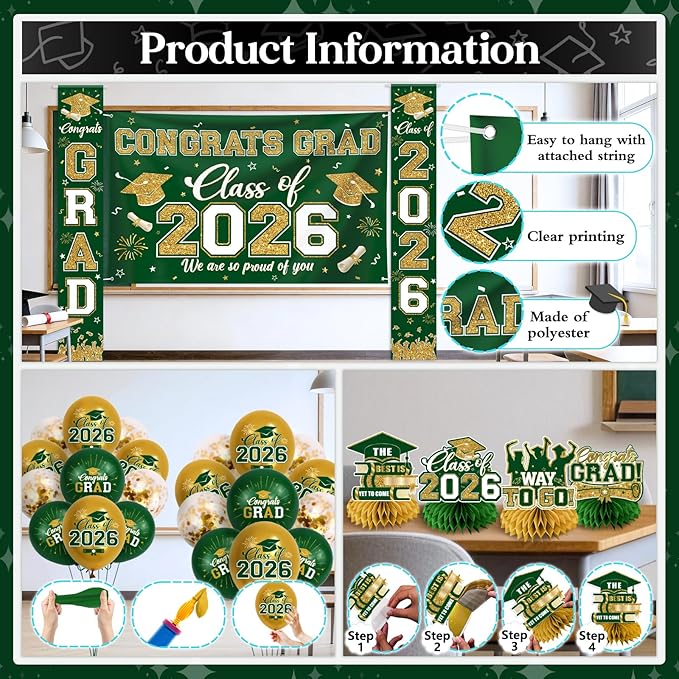 Green and Gold Graduation Decorations 2026 Set, All-in-1 Kit with Congrats Grad Banner Class of 2026 Backdrop Porch Sign Balloons Centerpieces Card Box Pom Poms Streamers for College High School