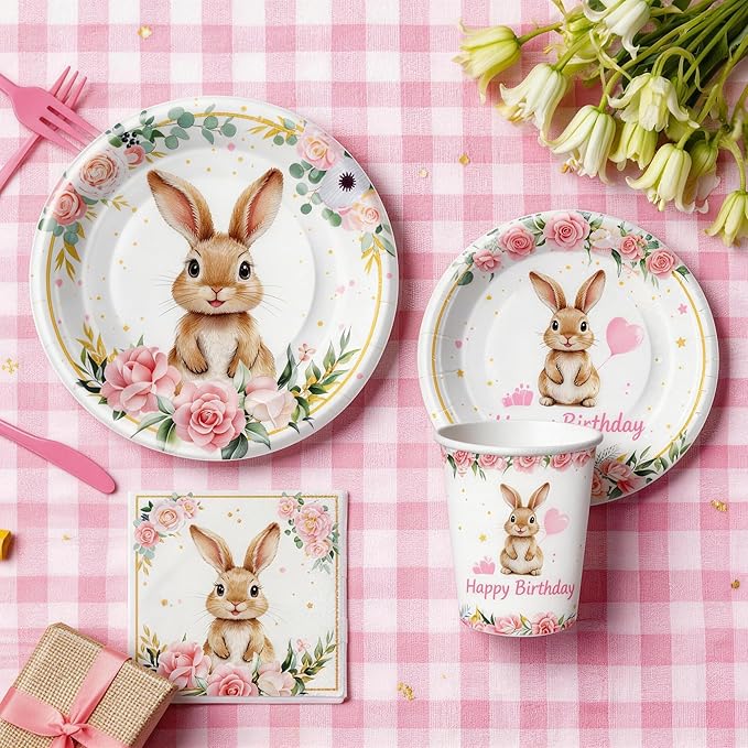 Bunny Birthday Decorations Tableware, Bunny Party Supplies, Paper Plate, Cup, Napkin, Tablecloth, Cutlery, Rabbit Bunny Party Decorations For Easter 1st 2nd Birthday, Serves 24