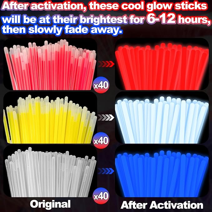 126 PCS 4th of July Glow Sticks Bracelets Necklaces with Connectors, 6 Red White Blue Glasses Glow in The Dark Party Supplies, Light Up Party Favors for Kids Adults, 250th Anniversary USA Accessories