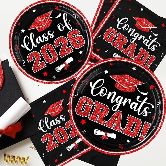 Graduation Plates and Napkins 2026,Red and Black Graduation Decorations 200pcs Graduation Paper Plates and Napkins Graduation Party Supplies for Graduation Party Decorations,Serve 50