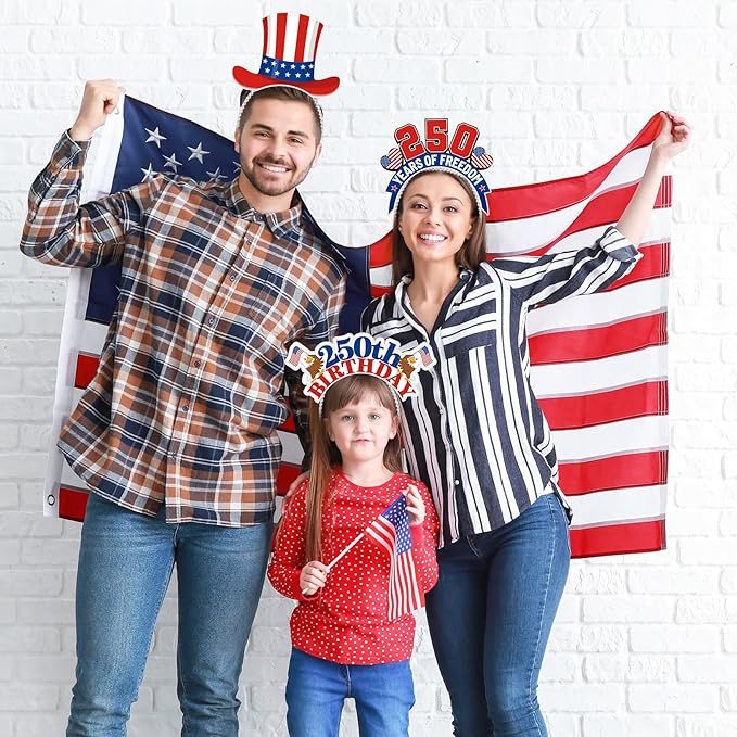 Blosssound 16 Pcs 250th Anniversary USA Headband 250th USA Patriotic Party Favor Gift Paper Head Bopper Independence Day Headwear Dress up 4th of July Party Costume Accessories Photo Prop Decor Supply