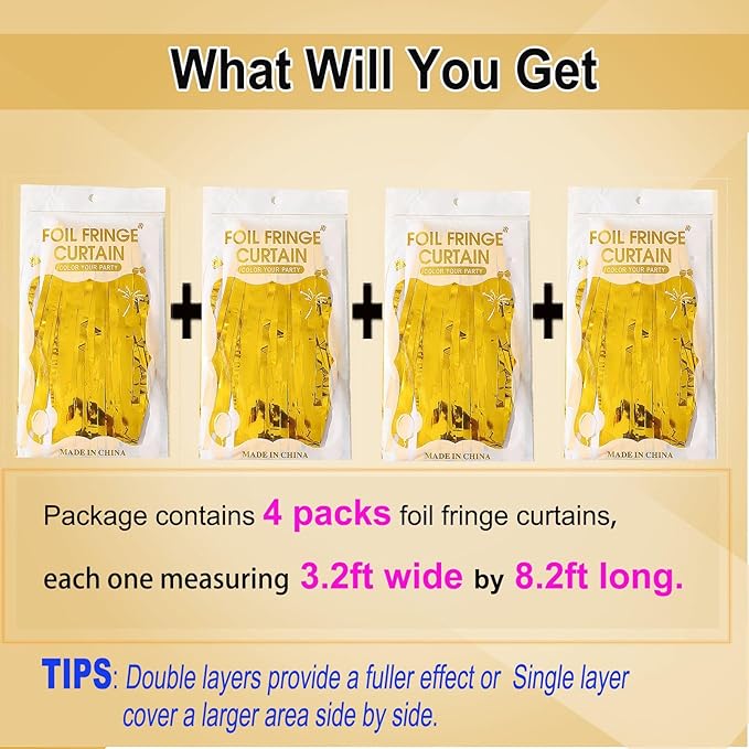 Gold Streamers Backdrop Curtains - 4 Pack of 3.2x8.2ft Gold Foil Fringe Curtain for Birthday Party Decorations
