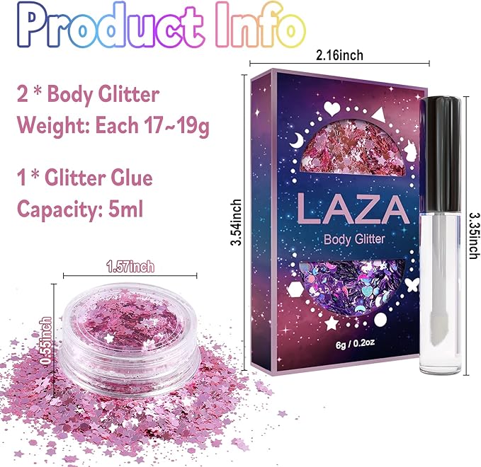 Laza Body Glitter, 2 Jars Holographic Chunky Sequins with Glitter Glue Perfect for Women Eyeshadow Makeup Face Paint Festival Rave Outfits Hair Accessories Carnival Party Costumes - Sliver Galaxy