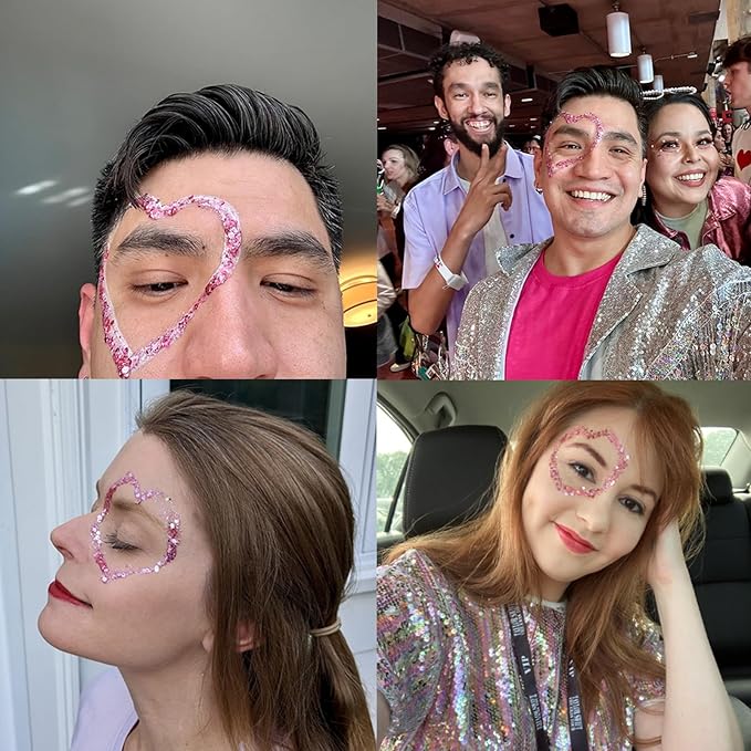 MEICOLY Valentine Pink Face Body Glitter,Holographic Sparkly Hair Glitter,Pink Accessories for Spirit Week,Singer Concerts Lover Heart Halloween Glitter Makeup,Self-adhesive Mermaid Glitter Face Paint