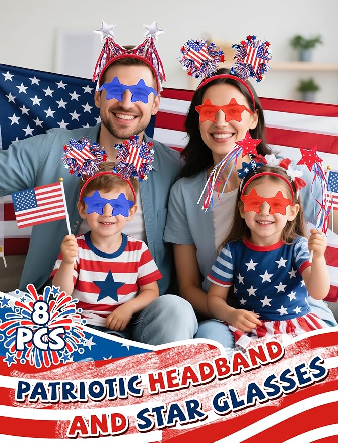VEKDA 8 Pcs Patriotic Party Accessories, 4th of July Headband and Star Glasses for Independence Day and Memorial Day Veterans Day Supplies