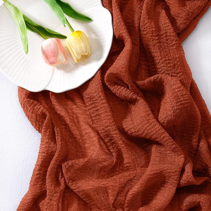 Socomi 3pcs Terracotta Cheesecloth Table Runner Easter Spring Gauze 120 Inch Rustic Boho Cheese Cloth Runner for Wedding Party Baby Bridal Shower Centerpiece Decoration