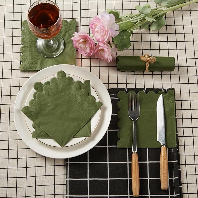 100 Pack Cocktail Napkin 2-Ply Scalloped Edged Dessert Napkins Folded 5 x 5 Inches Disposable Napkins for Dinner Wedding Birthday Party Bridal Anniversary Reception Event (Green)
