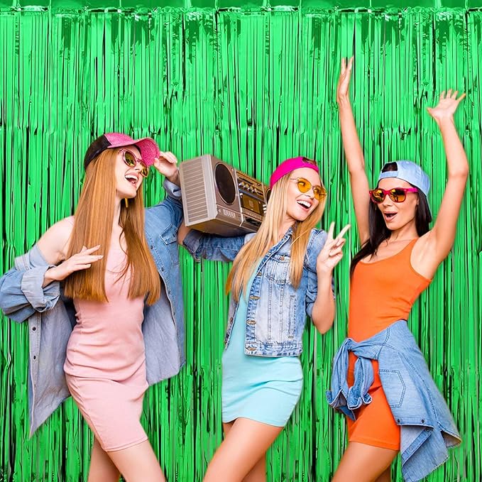 6 Pack Green Foil Fringe Curtains Backdrop, 3.28 x 9.8 Ft Metallic Streamers Tinsel Curtains Background for Photo Booth, Birthday, Halloween, Christmas, Thanksgiving, New Year Party Decorations