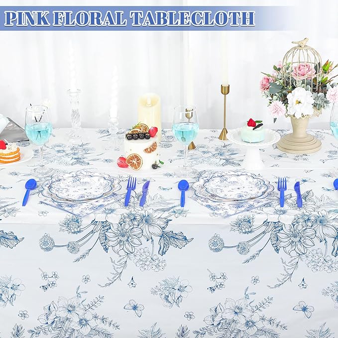 3 Pack Blue Floral Tablecloth, 54 X 108Inch Plastic Tea Party Tablecloths Disposable Vintsage Table Cloths Blue and White Porcelain Tables Decor for Mother's Day Birthday Garden Wedding Tea Party