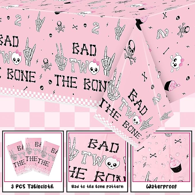 K1tpde 3PCS Bad Two The Bone Party Tablecloth for Girls, Music Themed 2nd Pink Plastic Tablecloth, Rock and Roll 2nd Disposable Table Covers for Birthday Decoration, Bad To The Skeleton Party Supplies