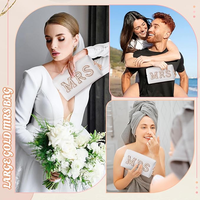 Y1tvei Large Bride Gold MRS Patch Varsity Letter Cosmetic Toiletry Pearl Rhinestone Letter Patches Makeup Bag PU Leather Waterproof Portable Zipper Big Travel Organizer for Wedding Bride Bridesmaid