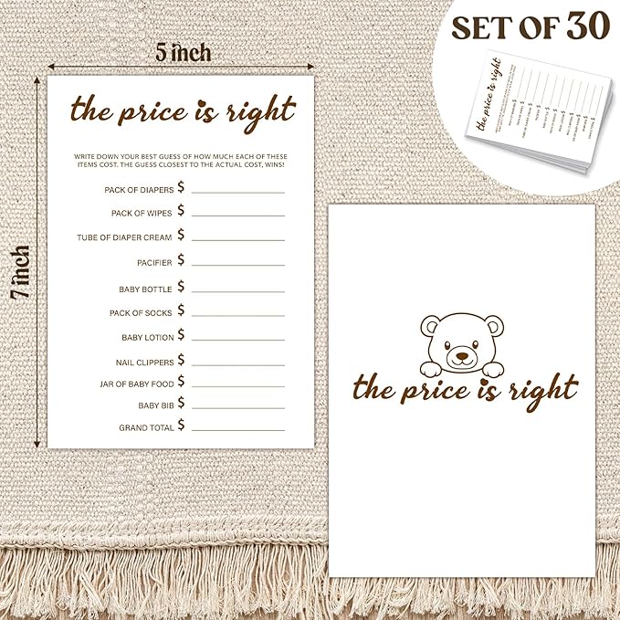 30 PCS Cute Bear The Price is Right Baby Shower Game for Friends, Double-Sided Games Gender Neutral Gender Reveal Party Supplies & Decor-C12