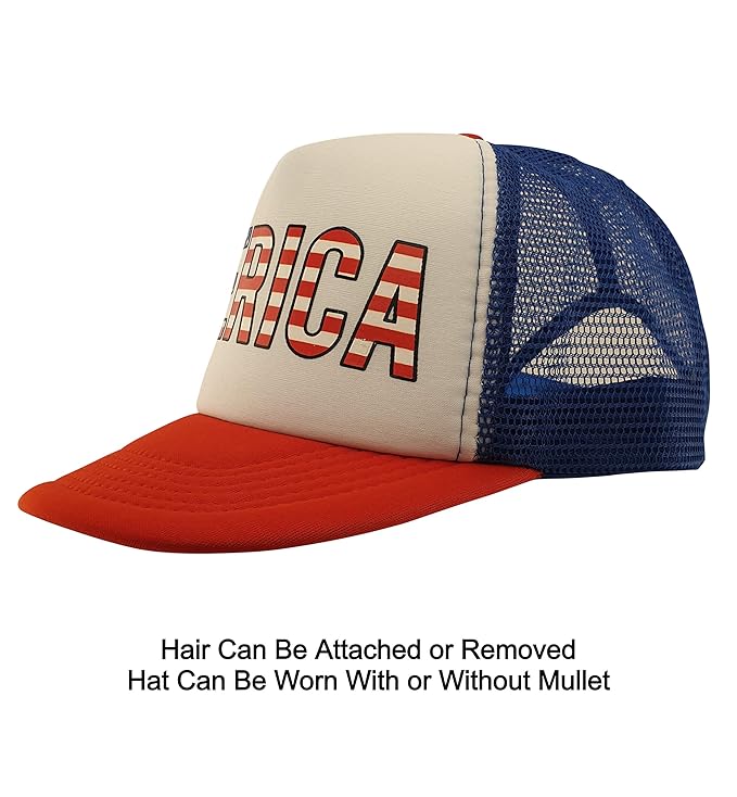 HandinHandCreations USA Mullet Hat Brown Wig Merica 4th of July All American Costume One Size Fits Adult - Cotton Hat