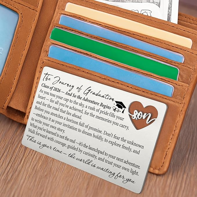 Class of 2026 Graduation Wallet Card for Son from Mom, Laser-Engraved Stainless Steel Insert with Heart Cutout, Inspirational Postcard Keepsake, Graduation Gift for Him College High School QBK12
