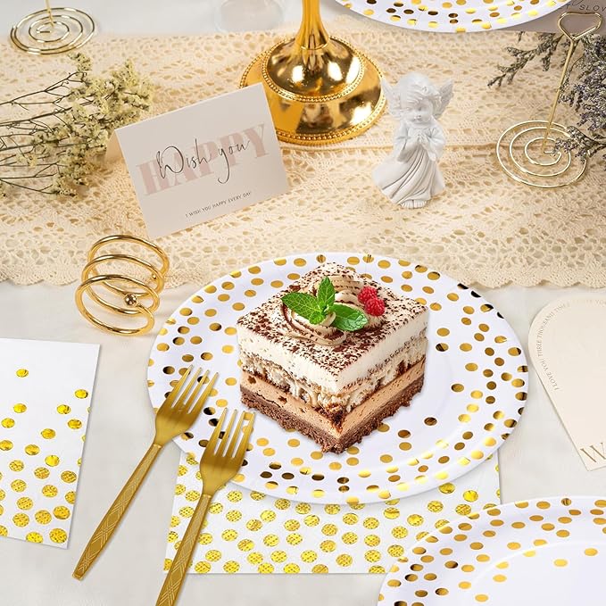 White and Gold Paper Plates and Napkins Tablecloth Party Supplies,Serves 25 Guests White Gold Plates and Napkins Tablecloth,Disposable Tableware Set for Birthday Graduation Retirement Decorations