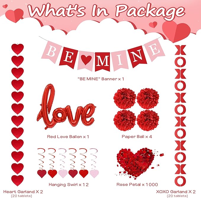 Red Valentine's Day Decoration Set, BE MINE Banner, Love Heart XO Garlands, Rose Petals, Hanging Swirls, Foil Love Balloons For Party Home Classroom Wedding Bedroom Office